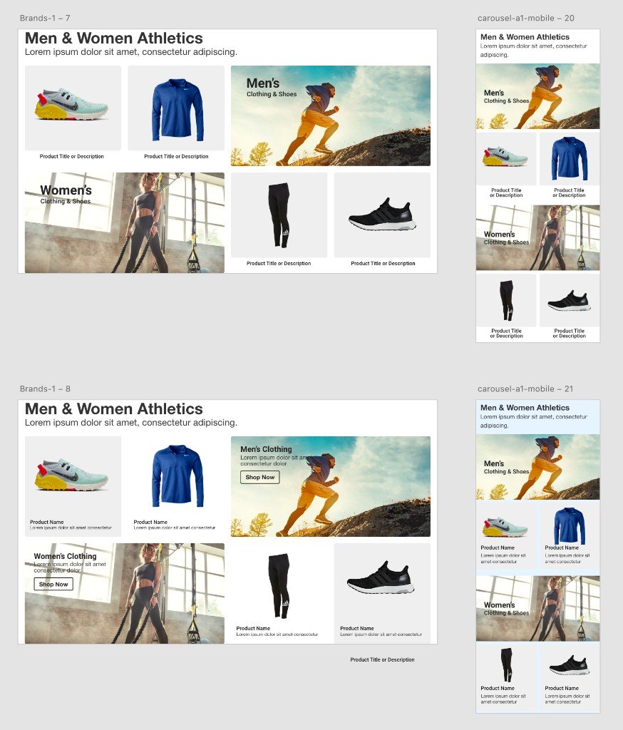 Men and Women Athletics banner sheets: mixed lifestyle banners and product cards, with and without an in image Shop Now, desktop and mobile.