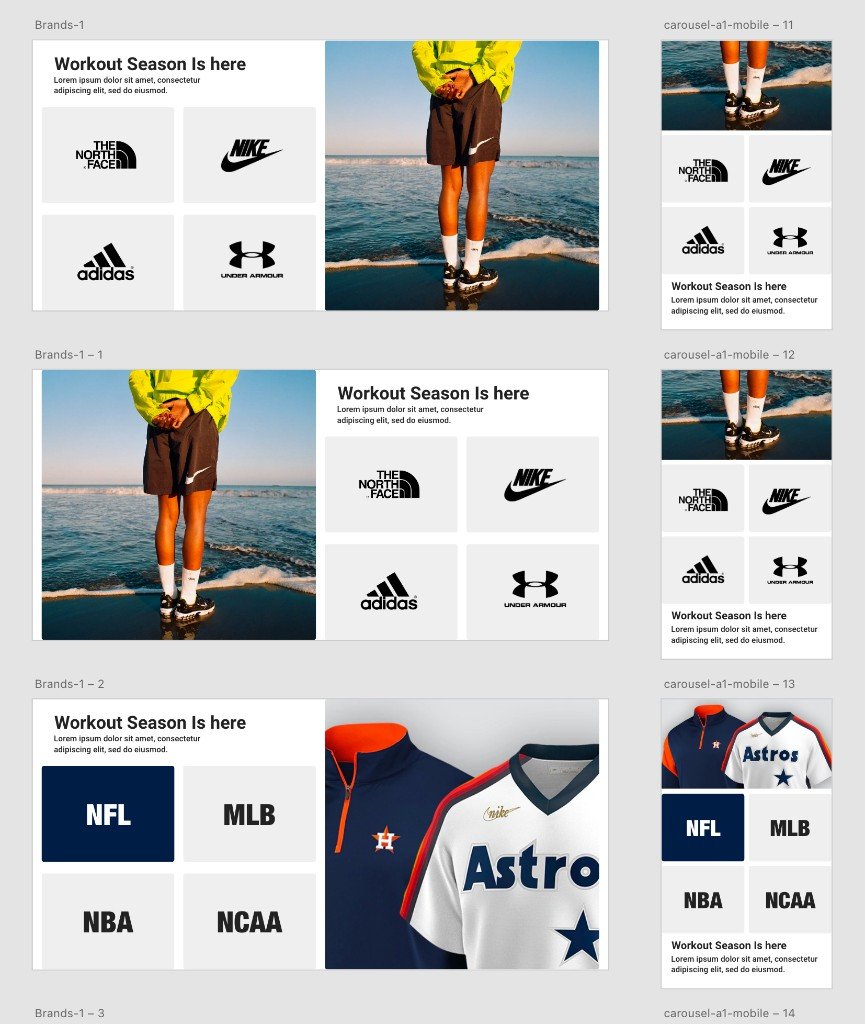 Brand and league banner sheets: a 2 by 2 logo grid that swaps sides with a lifestyle image, plus stacked mobile versions for Nike, Adidas, and sports leagues.