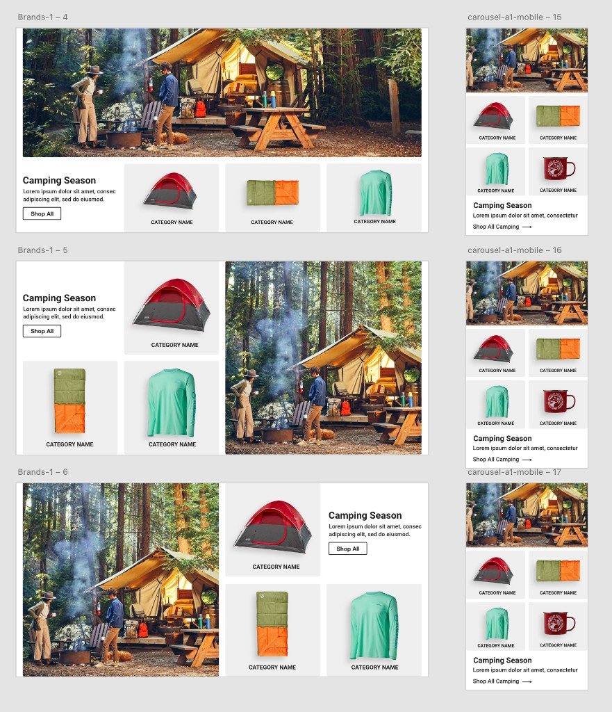 Camping Season banner sheets: three desktop grids pairing a campsite photo with category tiles and a Shop All button, plus stacked mobile cards.