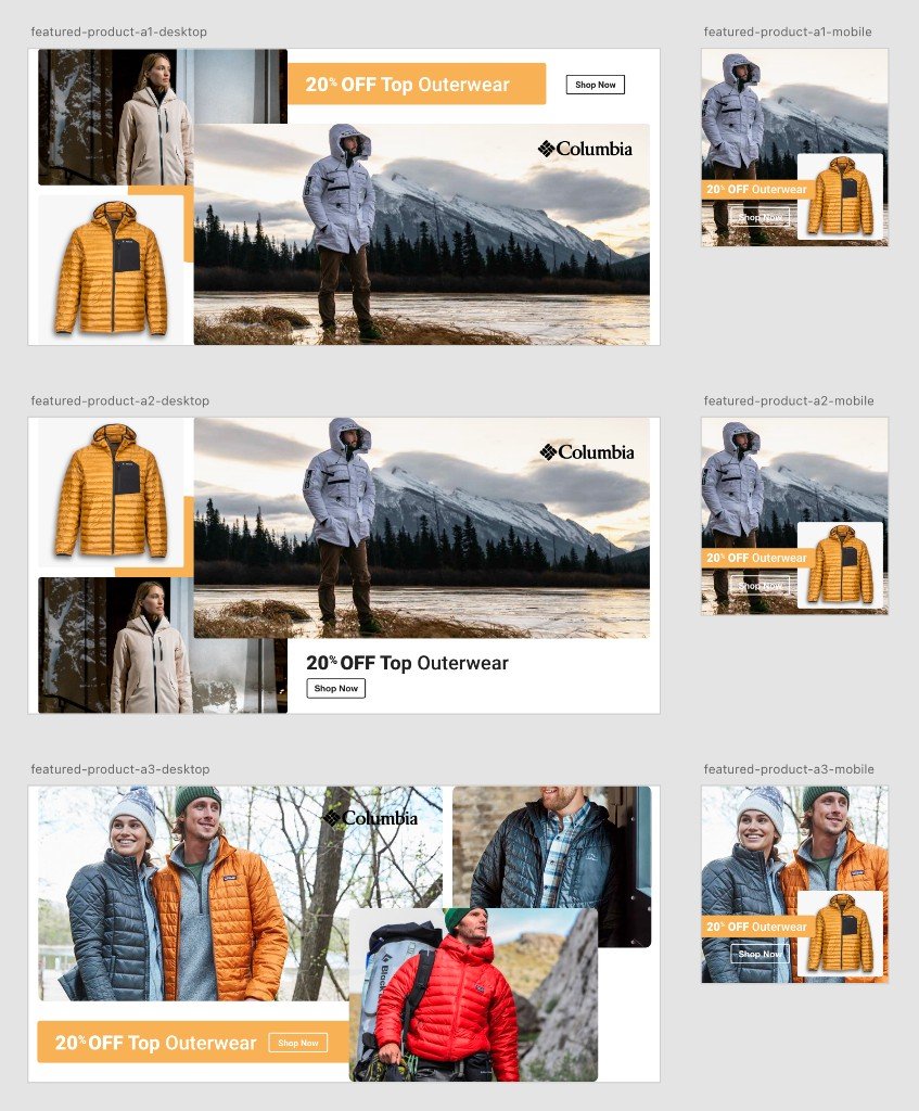 Columbia outerwear banner sheets: three desktop layouts and matching mobile cards for a 20% off promotion, with lifestyle photos, a product cutout, and Shop Now.