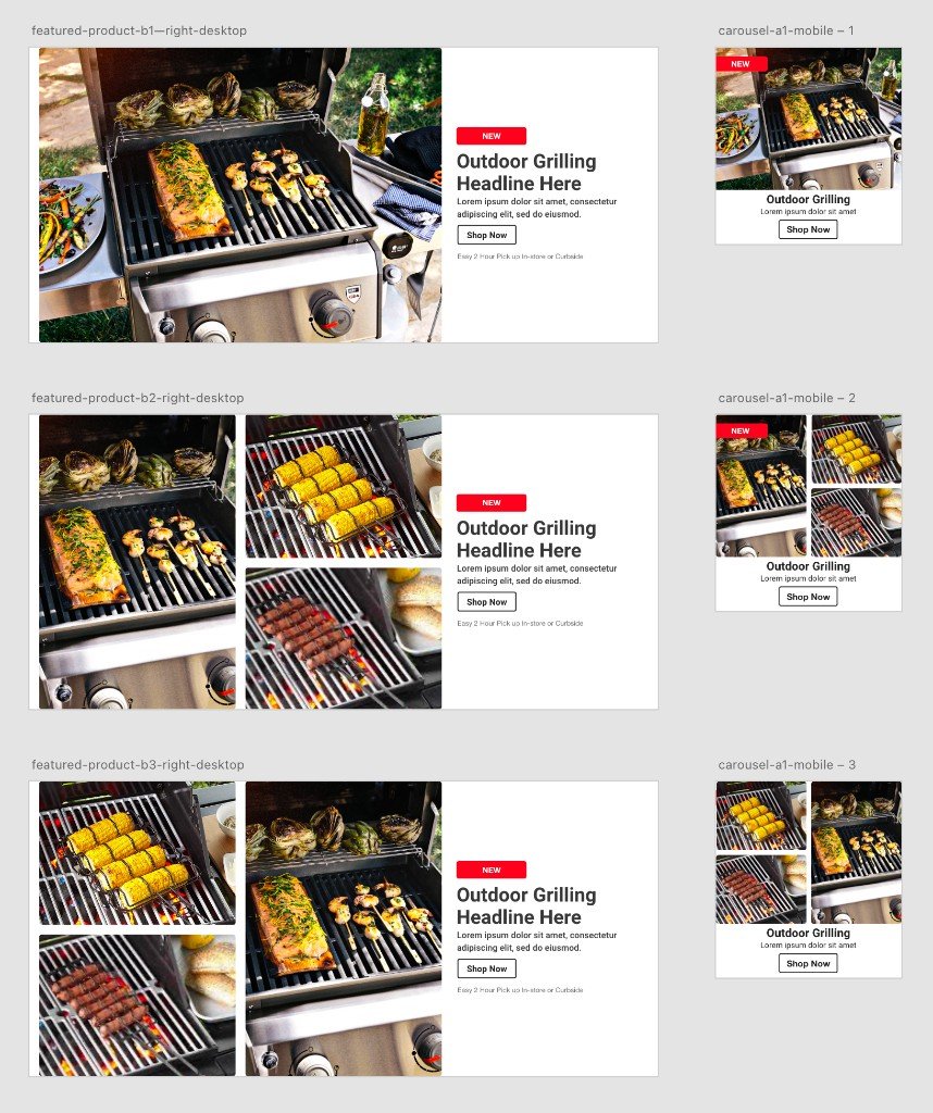 Outdoor grilling banner sheets: one hero or a three up photo grid next to a NEW badge and Shop Now, with matching mobile cards.