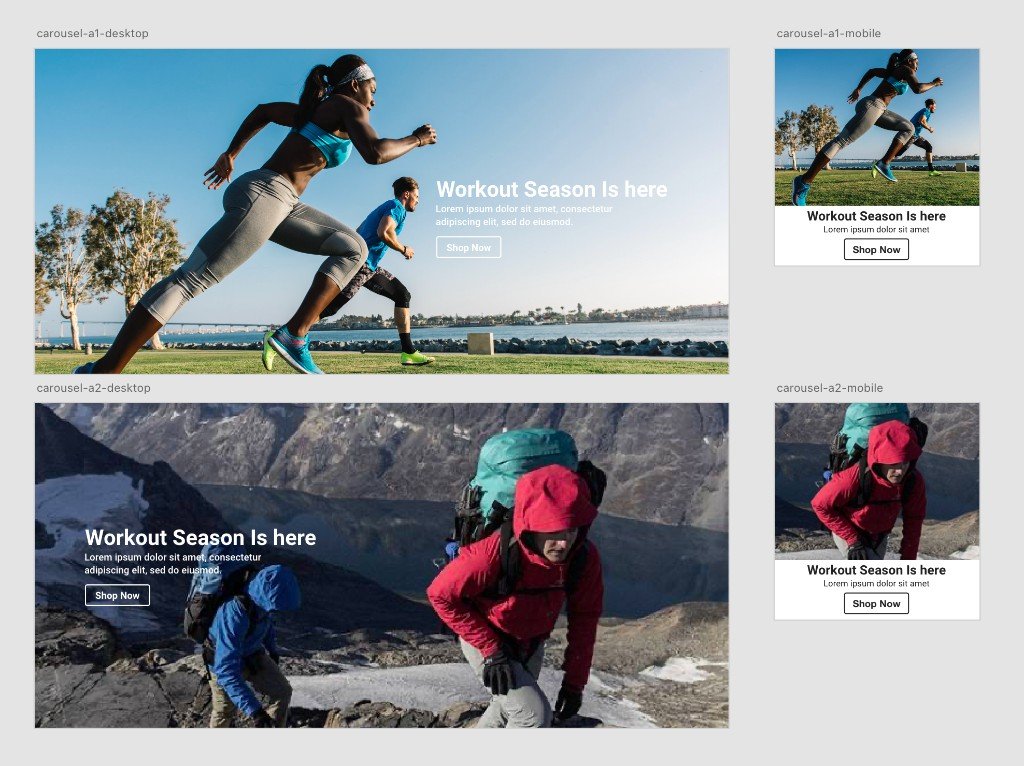 Full bleed lifestyle banner sheets: Workout Season overlay on running and hiking photos for desktop, stacked image and copy for mobile.