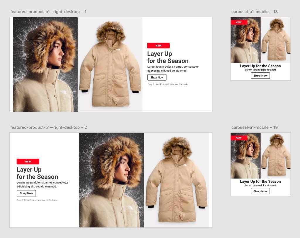 Featured product banner sheets for a North Face parka: lifestyle, studio shot, and a Shop Now block with a NEW badge, desktop and mobile.