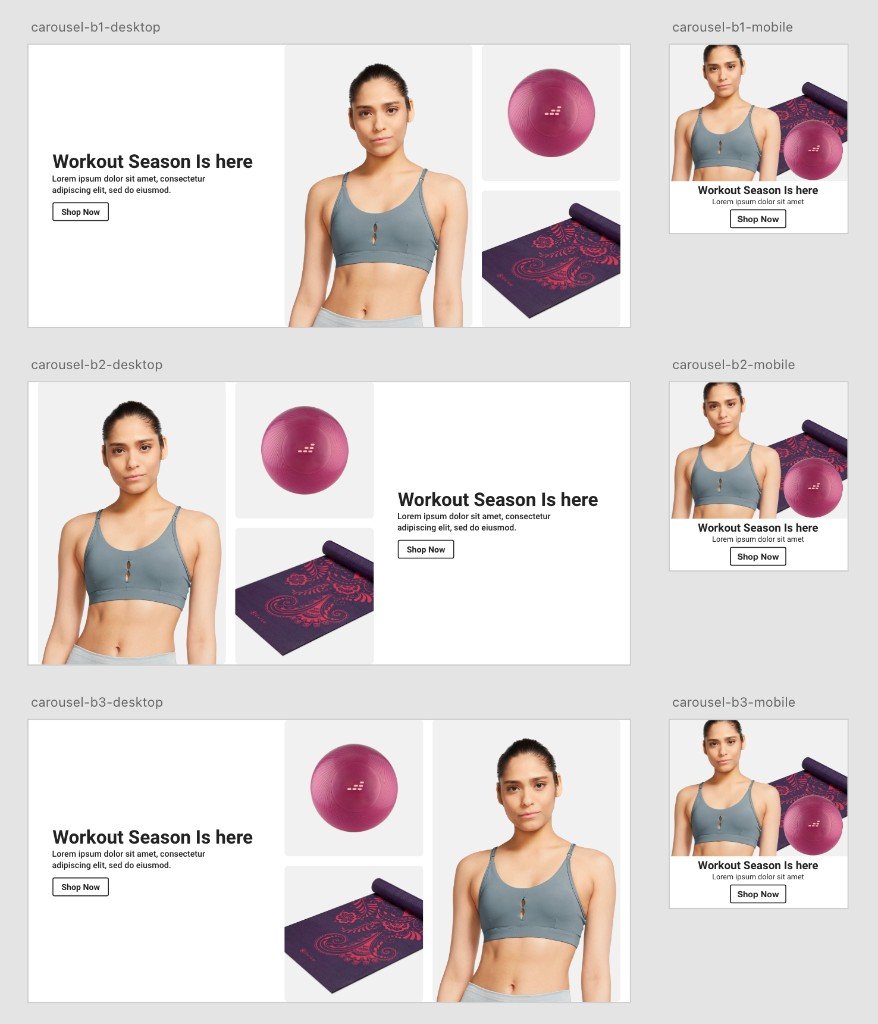 Workout Season carousel sheets: three desktop arrangements of headline, hero photo, and stacked product shots, with a stacked mobile card.