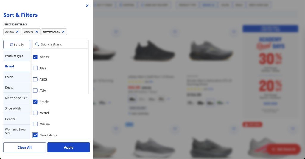 Sort and Filters panel with searchable brand list and Adidas, Brooks, and New Balance selected.