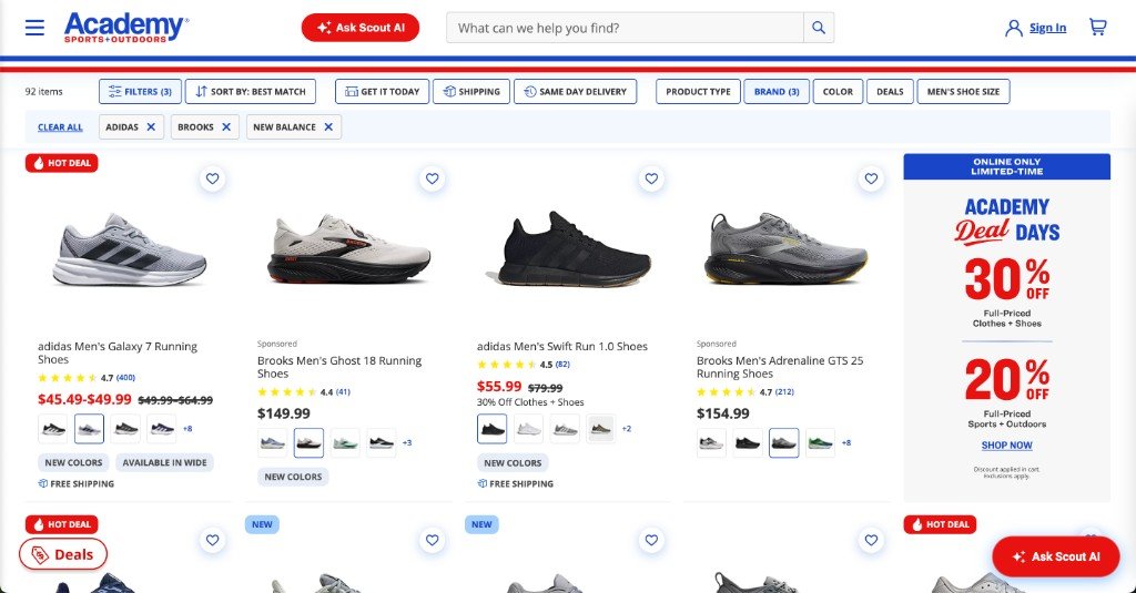 Academy product listing with a quick filter bar, sort control, and active brand chips above a running shoe grid.