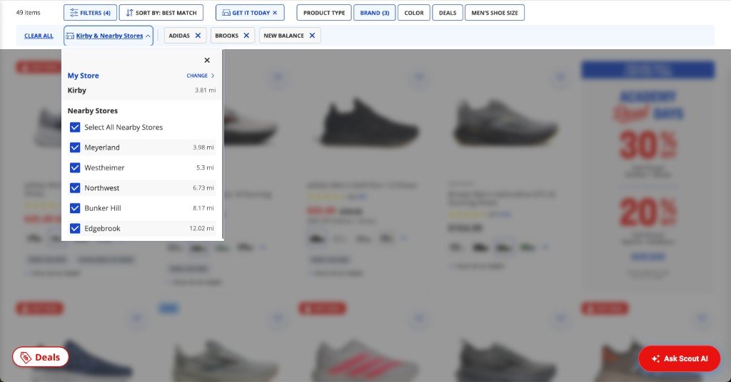 Nearby store picker open from the Get it today filter, with Kirby and surrounding Academy locations selected.