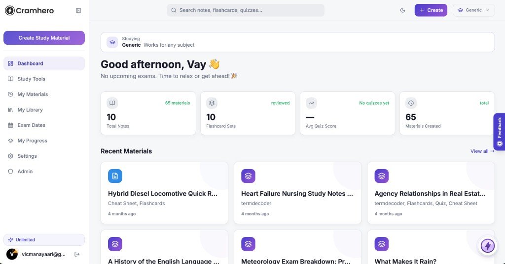 Cramhero dashboard with a greeting, notes and flashcard stats, and a recent materials grid.