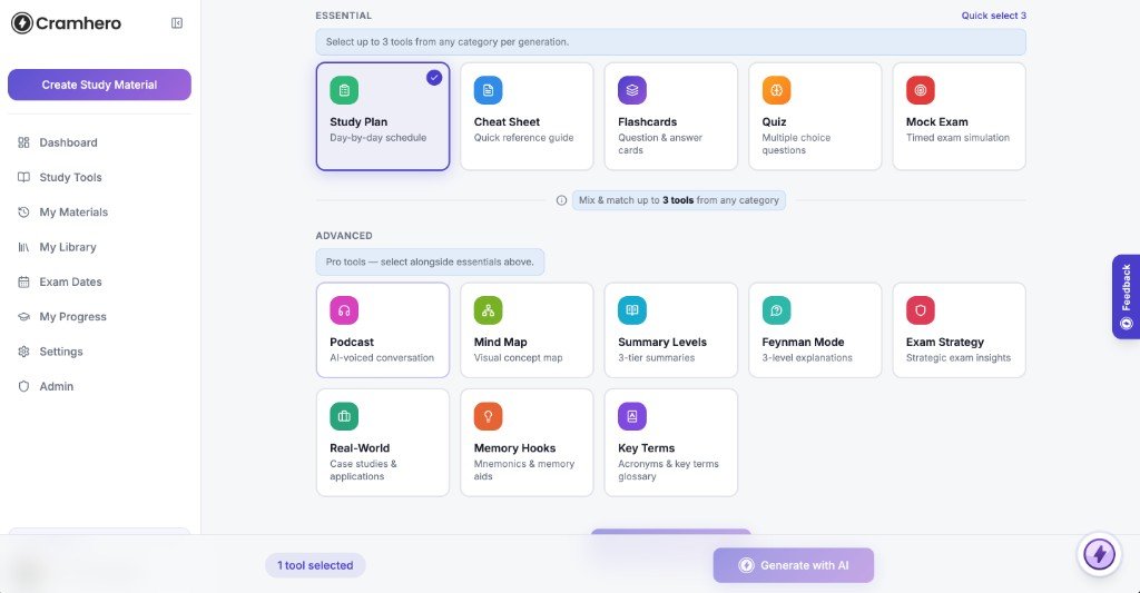 Cramhero study tools picker with essential and advanced cards, Study Plan selected, and Generate with AI.