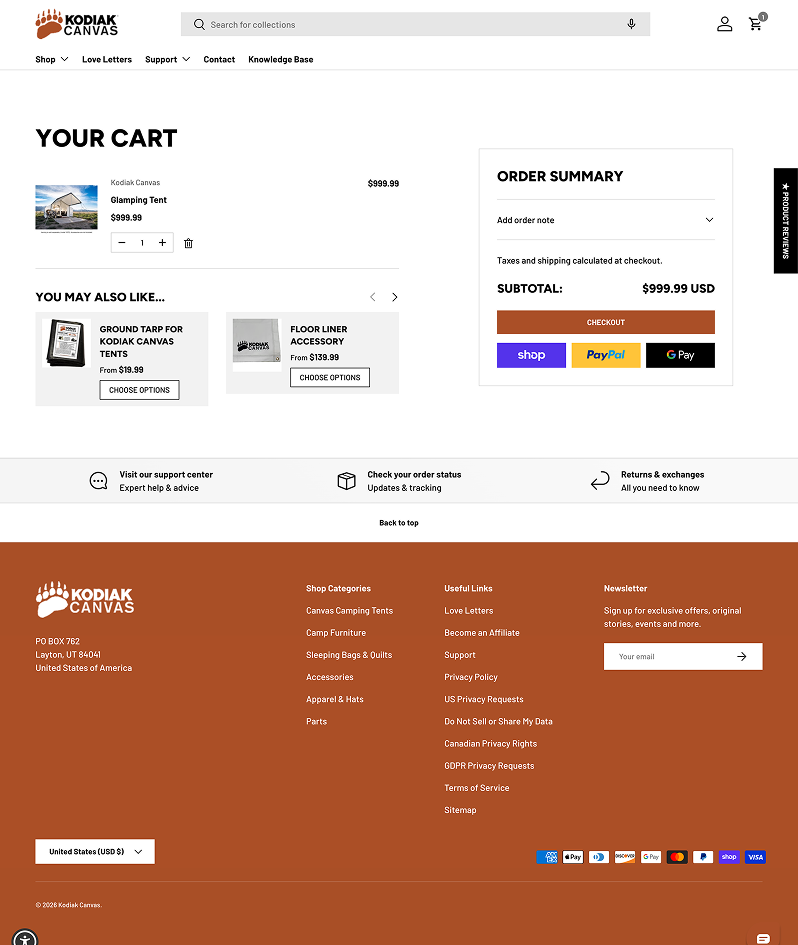 Kodiak Canvas cart with line item, you may also like cards, rust orange checkout, and the same header and footer as the rest of the store.