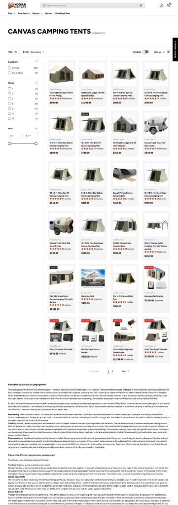 Canvas Camping Tents collection with sidebar filters for availability, occupancy, and price above a consistent four column product grid.