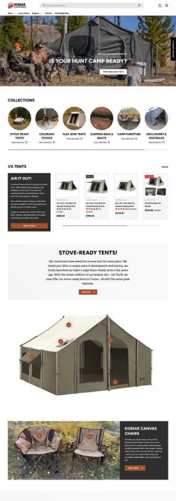 Kodiak Canvas homepage with a hunting season hero, collection circles, product rows, and repeating charcoal and rust orange modules.