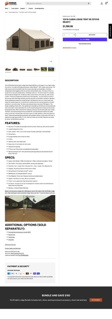 Kodiak Canvas product page for a 12x16 cabin lodge tent, with gallery, price, and stacked description, features, and specs.