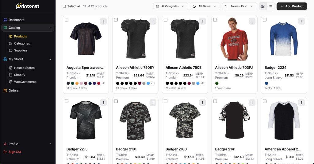 Printonet product catalog grid with apparel cards, color swatches, filters, and an add product action.