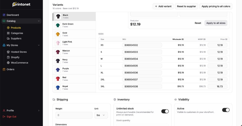 Printonet variants page for a t-shirt: color list, size table with SKU and price, plus shipping, inventory, and visibility.