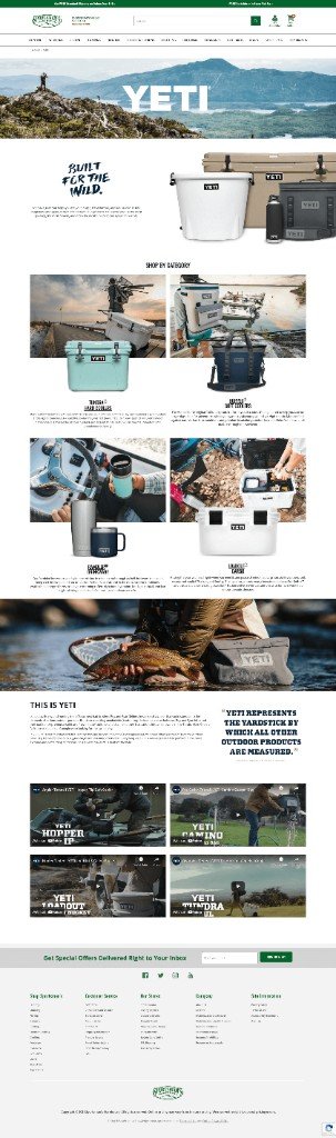 YETI brand landing page on Sportsman's Warehouse, with a full width hero, shop by category tiles, and brand story.