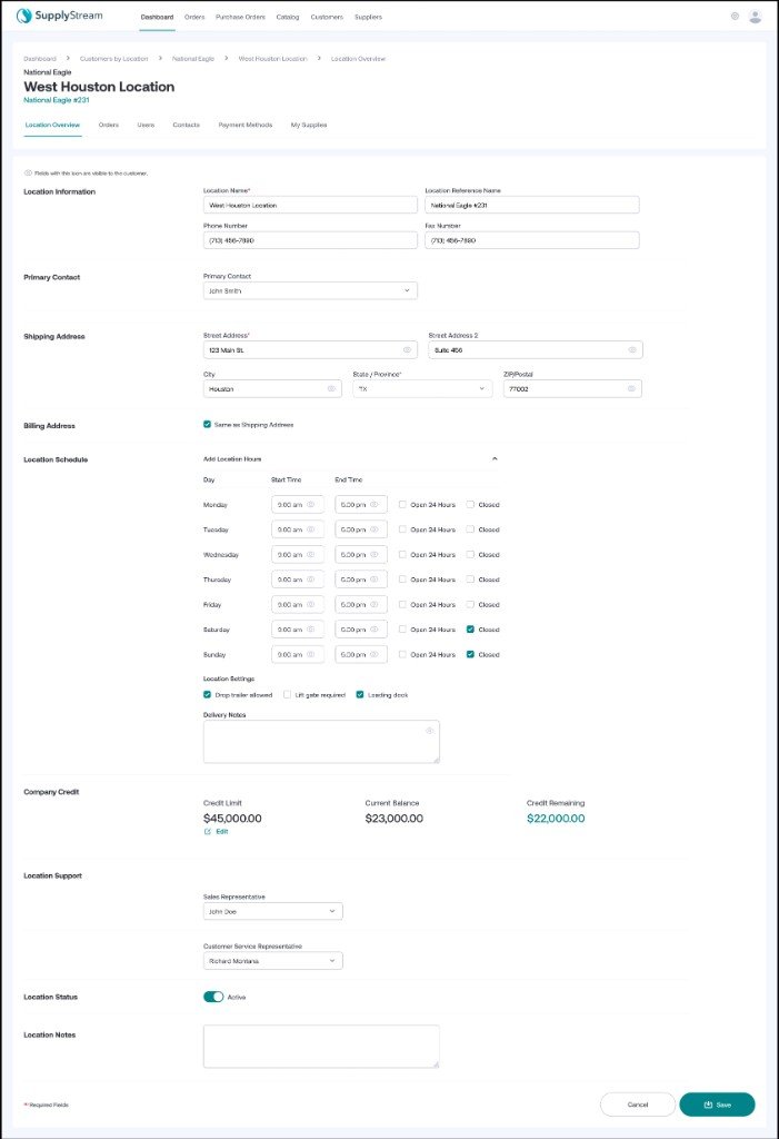 West Houston location overview for National Eagle, with address, schedule, credit, and support assignments.