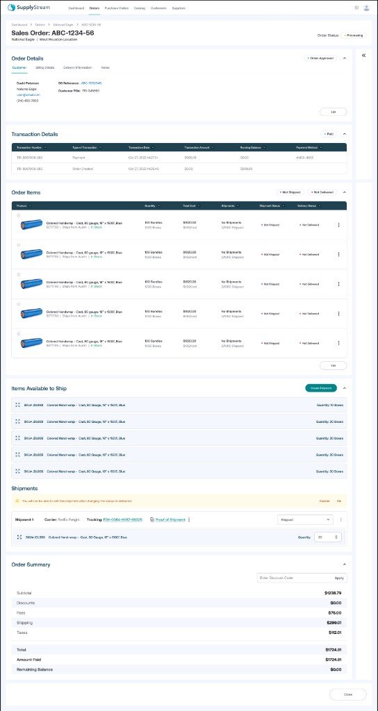 Sales order detail with customer, line items, items available to ship, shipment tracking, and order summary.
