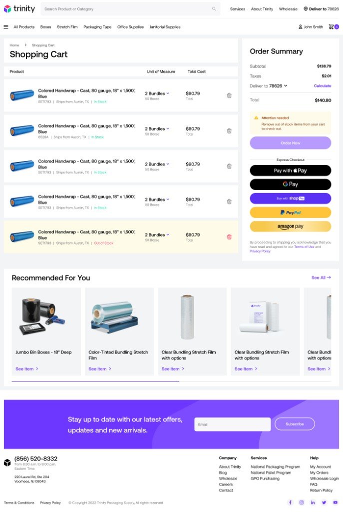 Trinity shopping cart with line items, an out of stock warning, order summary, and express checkout.