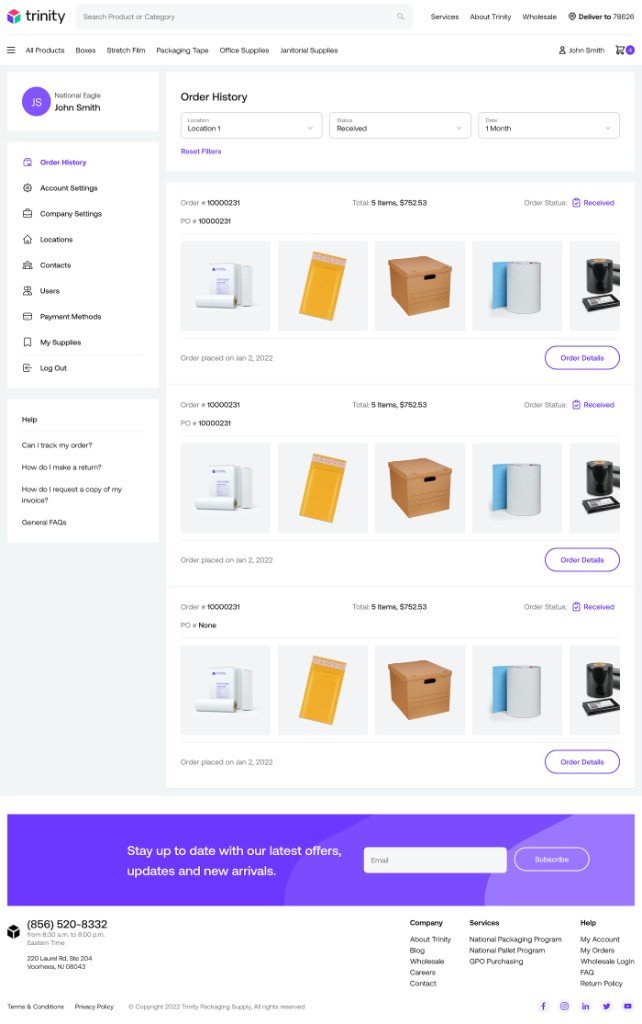 Trinity order history with location, status, and date filters, plus order cards for received purchases.