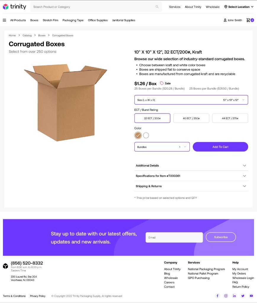 Trinity corrugated boxes product page with size, rating, color, bundle selectors, and a purple add to cart action.