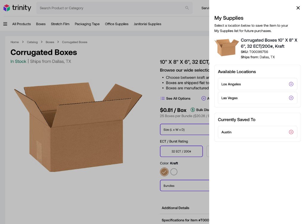 My Supplies drawer on a Trinity product page, saving an item to Austin with Los Angeles and Las Vegas available.